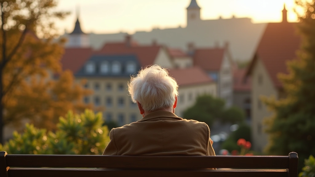 Pensionäride grupp jalutamas vanalinna kivisillutatud tänaval, päikesepaiste, ajaloolik taust